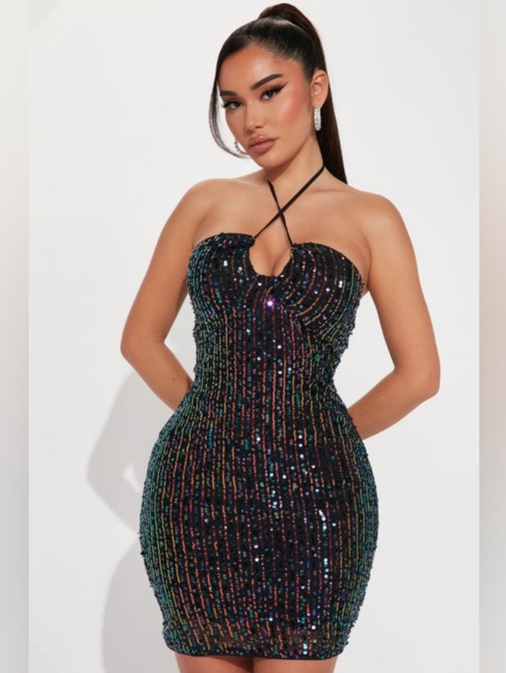 Halter Black Multicolor Sequin Mini Dress Small? Medium? Party Festival Baddie